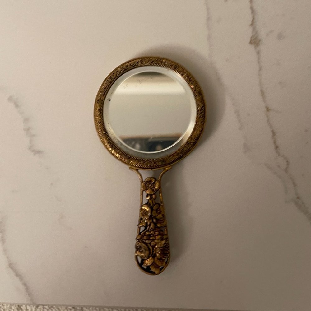 Vintage Victorian hand mirror for purse. Beautiful, with flowers carving, brass.
